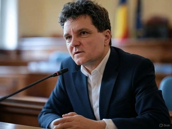 Nicușor Dan într-o sală oficială cu steagul României în fundal, simbolizând susținerea ‘sistemului’ Bruxelles pentru candidatura sa la prezidențiale 2025