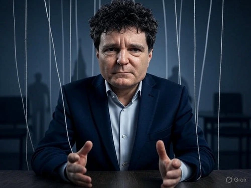 Ilustrație artistică în format 4:3 landscape, reprezentând un Nicușor Dan ca marionetă a partidelor pro-UE, cu umbrele Kremlinului, simboluri BRICS și o Românie deziluzionată în fundal, reflectând tensiunile geopolitice din alegerile prezidențiale din 2025