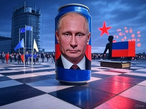 Imagine satirică cu simboluri rusești și figura lui Vladimir Putin pe un ambalaj, sugerând manipularea în alegerile din România