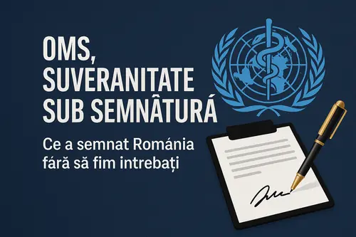 Acordul pandemic OMS - imagine cu steagul României, emblema OMS și un document oficial pe fundal albastru sobru.