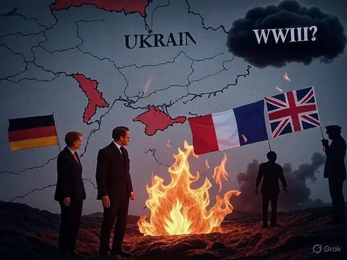 Ilustrație simbolică 4:3 cu harta Ucrainei și Rusiei, steaguri ale Germaniei, Franței și Marii Britanii, un steag estompat al SUA, o flacără reprezentând escaladarea, siluete ale lui Merz, Macron și von der Leyen, Trump cu un steag al păcii și un nor cu textul ‘WWIII?’ pe un fundal întunecat.