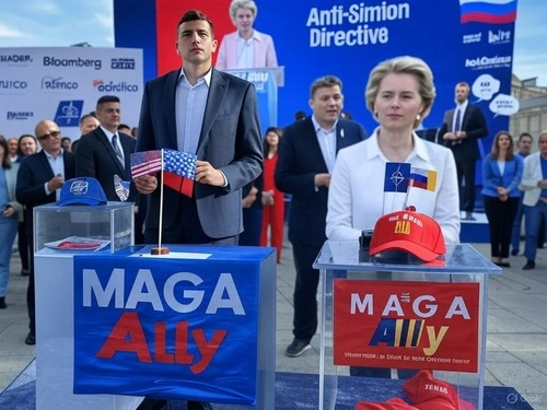 George Simion cu steaguri SUA și România, șapcă MAGA, și banner „MAGA Ally”. Ursula von der Leyen pe ecran cu „Anti-Simion Directive”, fundal divizat între media internațională și românească.