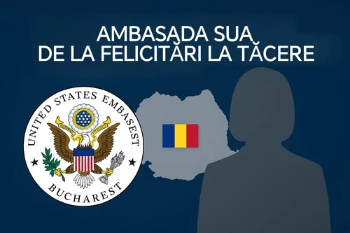 Sigiliul Ambasadei SUA și titlul „SUA – de la felicitări la tăcere” pe fundal geopolitic simbolic