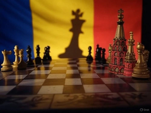 Tablou de șah cu piese simbolizând Nicușor Dan, Bruxelles și Kremlinul, cu umbra Kremlinului dominând scena, reprezentând influența Rusiei asupra alegerilor din România, pentru seria Umbrele Kremlinului în Alegerile din România, Episodul 1