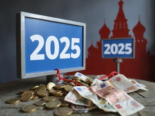 Imagine artistică cu panouri publicitare 2025 și simboluri ale influenței Kremlinului, reprezentând finanțarea controversată