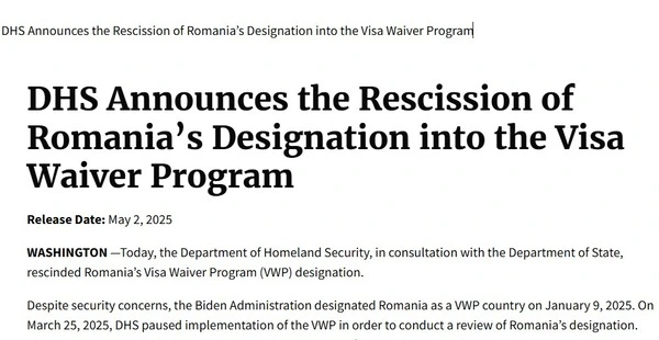 România exclusă din Programul Visa Waiver al SUA, 2 mai 2025
