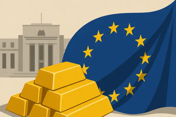 Lingouri de aur în fața clădirii Federal Reserve, pe fundal cu steagul Uniunii Europene – simbol al faptului că Europa îşi vrea aurul înapoi