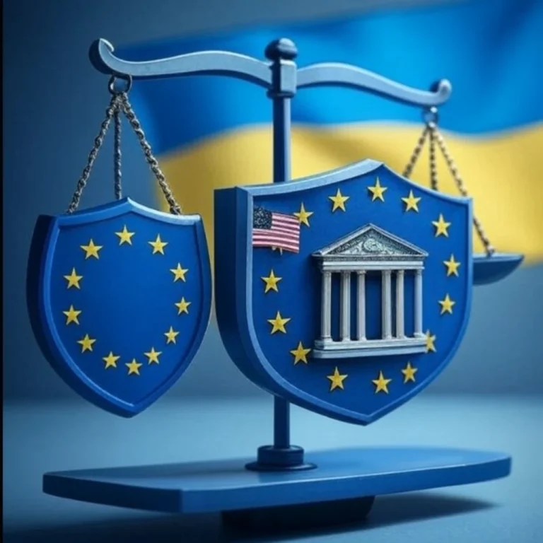 Europa în derivă – balanță dezechilibrată între Uniunea Europeană și influența Statelor Unite, pe fundalul steagului Ucrainei.