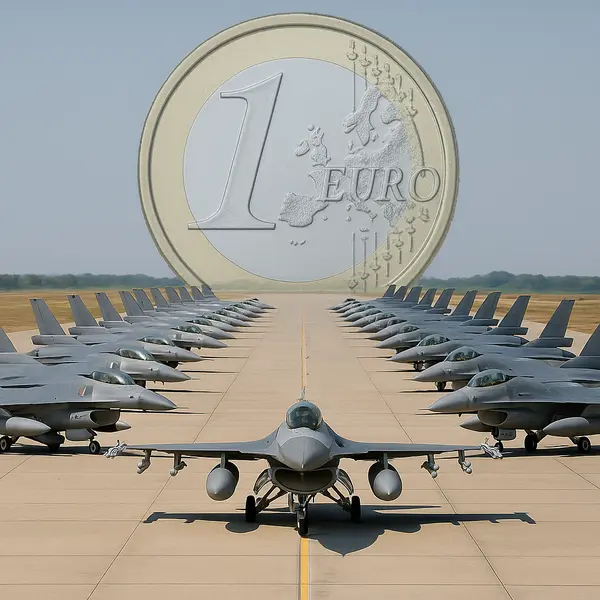 Optsprezece avioane F16 aliniate pe o pistă, cu o monedă estompată de un euro în fundal simbolizând "f16 la un euro"