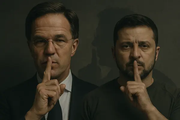 NATO secretizează tot - Mark Rutte și Volodimir Zelenski estompați pe fundal, cu degetul la gură în semn de tăcere, simbolizând clasificarea sprijinului NATO pentru Ucraina