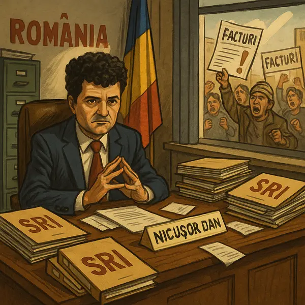 Nicușor Dan la birou, înconjurat de dosare SRI, în timp ce afară oamenii protestează cu pancarte „Facturi”