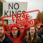 Protest „No Kings” – pancartă cu mesaj și ștampilă „False Grassroots” peste o mișcare de tip astroturfing politic organizat