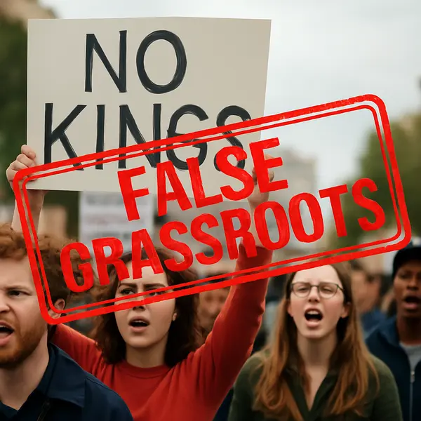 Protest „No Kings” – pancartă cu mesaj și ștampilă „False Grassroots” peste o mișcare de tip astroturfing politic organizat