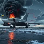 Atac cu drone asupra bazei Belaya în Operațiunea Spiderweb 2025, cu bombardier Tu-22M3 în flăcări, dronă ucraineană și harta Europei de Est în fundal