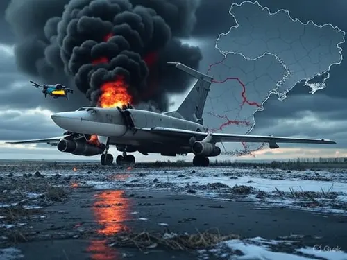 Atac cu drone asupra bazei Belaya în Operațiunea Spiderweb 2025, cu bombardier Tu-22M3 în flăcări, dronă ucraineană și harta Europei de Est în fundal