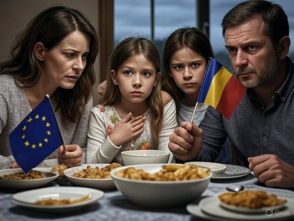 Familie divizată la masă în România 2025, ținând steaguri UE și tricolor, simbol al dezbinării campaniei "pro-european"