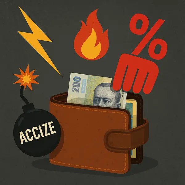 Portofel românesc afectat de reforma fiscală din 2025, cu simboluri TVA, accize, energie și taxe crescute