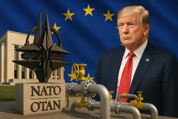 Donald Trump în fața sediului NATO, cu țevi de gaz și steagul Uniunii Europene – simbol al negocierilor geopolitice și economice de la summitul NATO Haga 2025