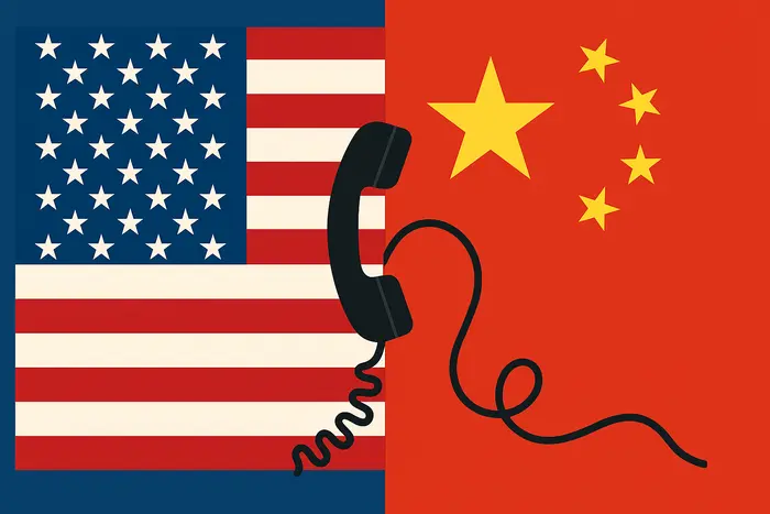 Steagul SUA și steagul Chinei legate printr-un telefon negru – simbol al convorbirii dintre Donald Trump și Xi Jinping din 5 iunie 2025