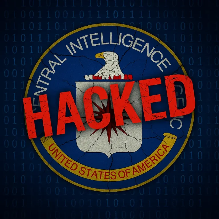 Sigla CIA spartă digital, cu inscripția HACKED – simbol al atacului cibernetic care a expus informații sensibile