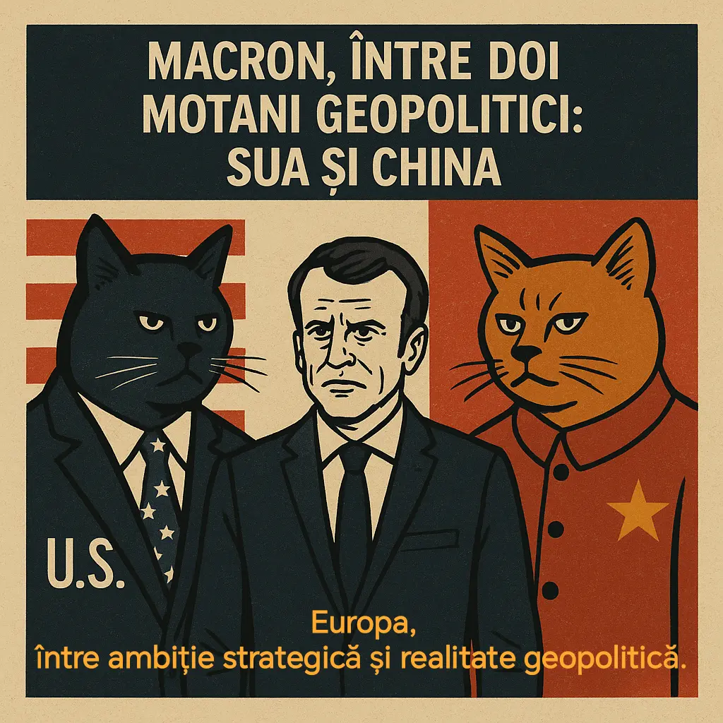 Emmanuel Macron între doi motani care simbolizează SUA și China, sugerând poziția vulnerabilă a Europei între cele două superputeri