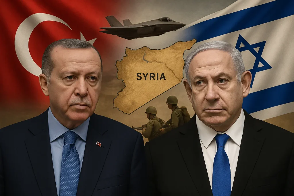Tensiunile dintre Turcia și Israel ilustrate prin portretele lui Recep Tayyip Erdoğan și Benjamin Netanyahu, cu fundal militar și harta Siriei.