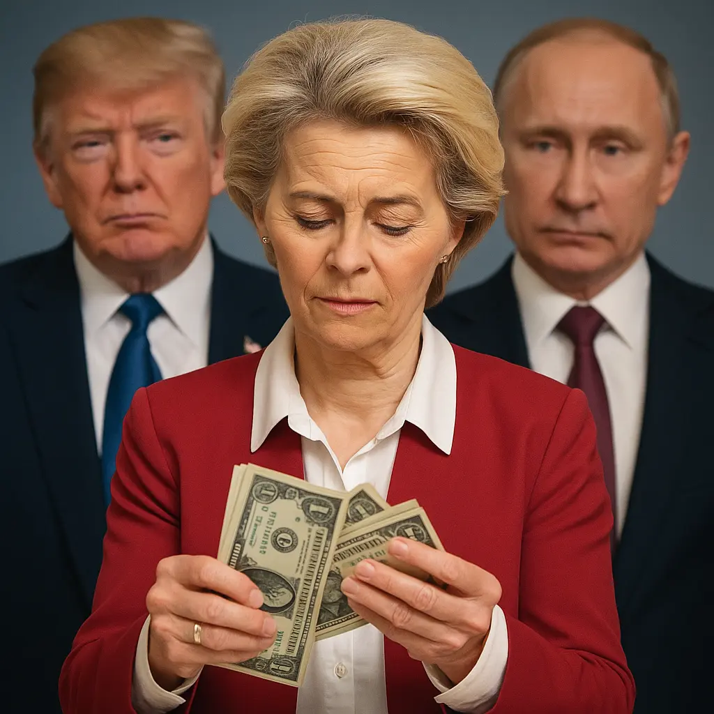 Trump și Putin pe fundal, Ursula von der Leyen numărând bani – simbolul controlului asupra Europei