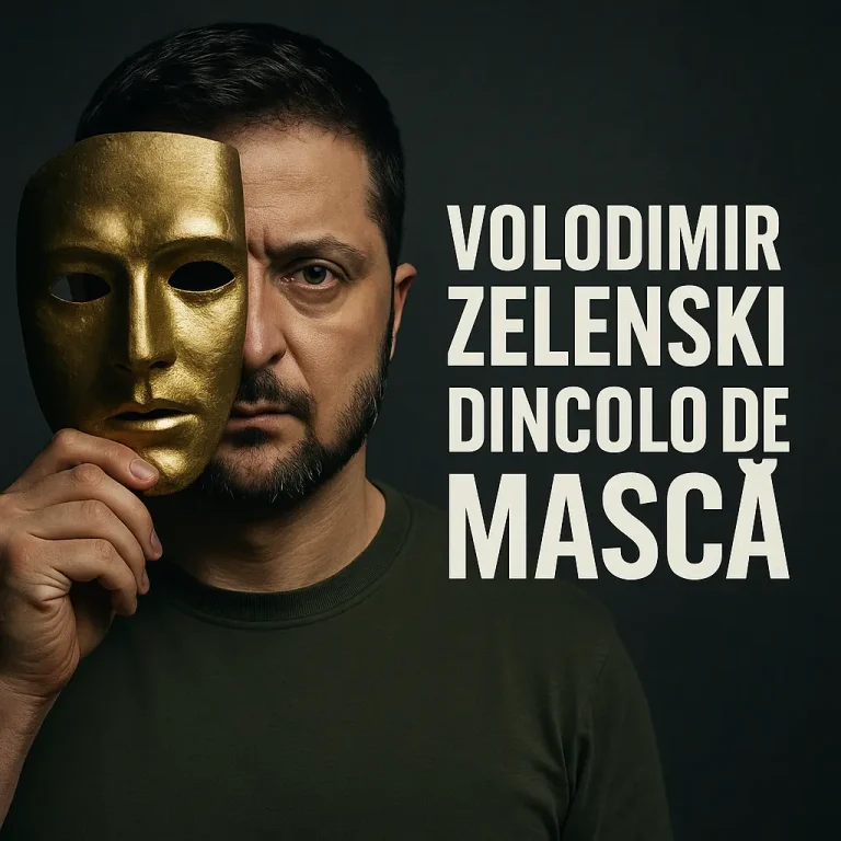 Portretul lui Volodimir Zelenski ținând o mască aurie în fața feței, cu mesajul „Volodimir Zelenski, dincolo de mască”.